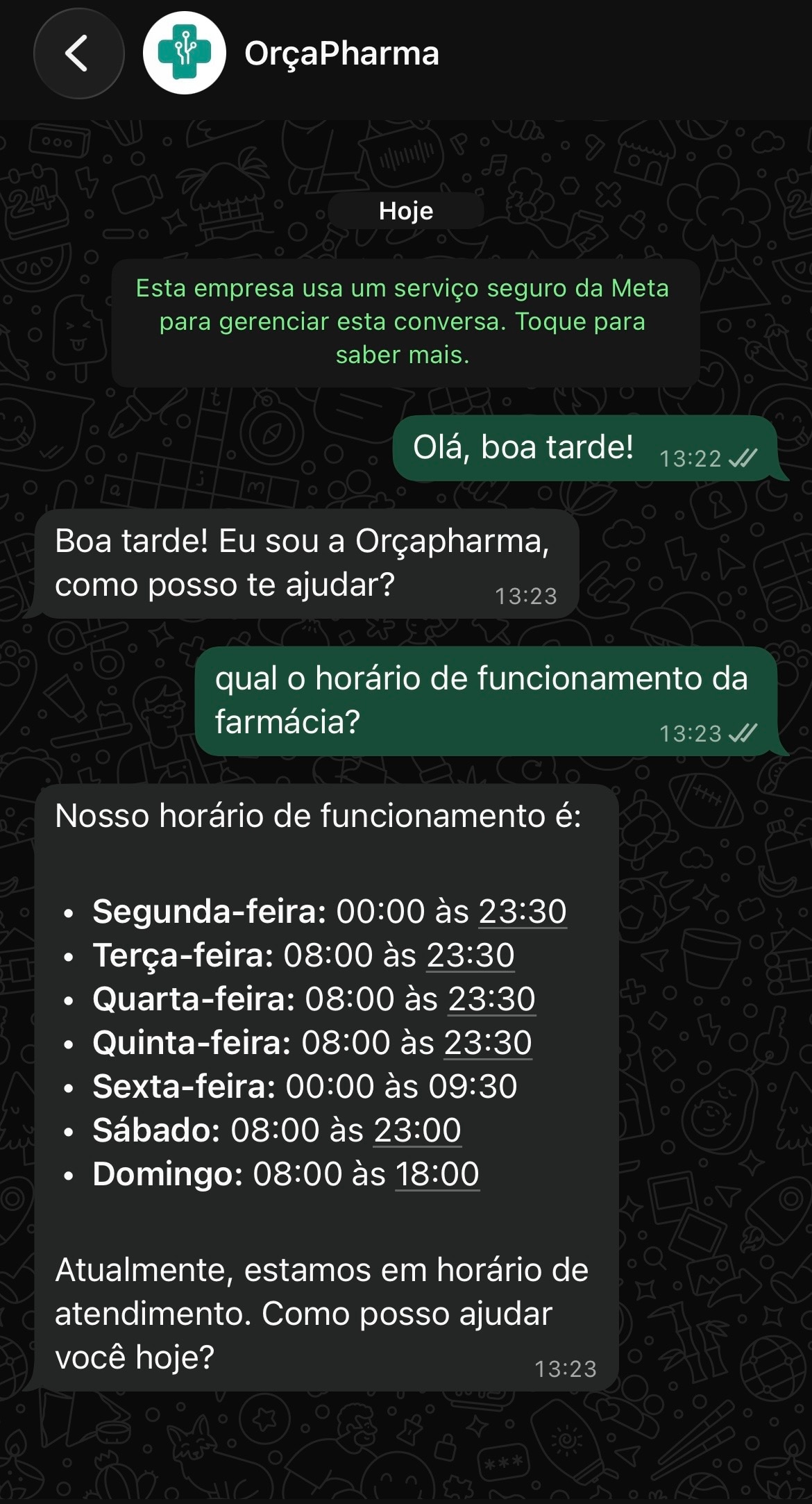 Agente de IA respondendo à saudação e ao horário de funcionamento
