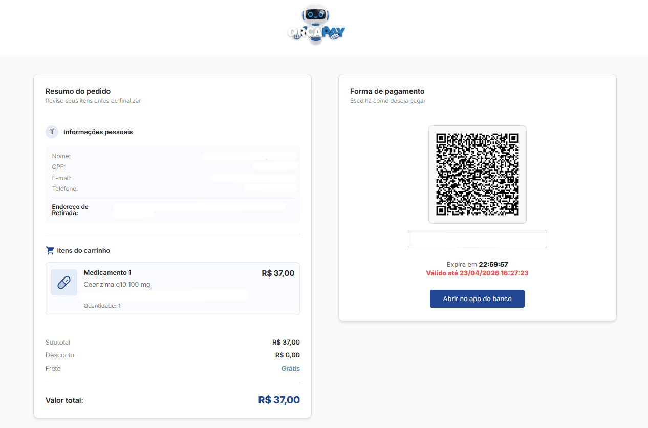Tela de pagamento do OrçaPay com QR Code Pix e resumo do pedido