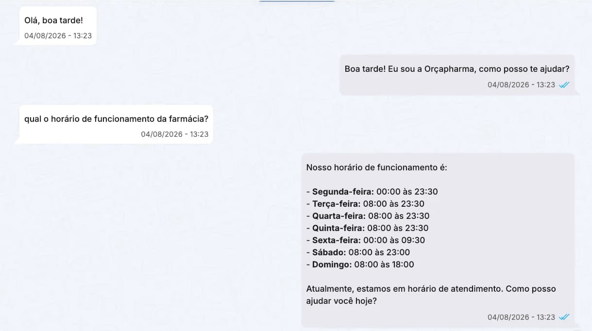 Conversa do agente de IA respondendo o horário de funcionamento