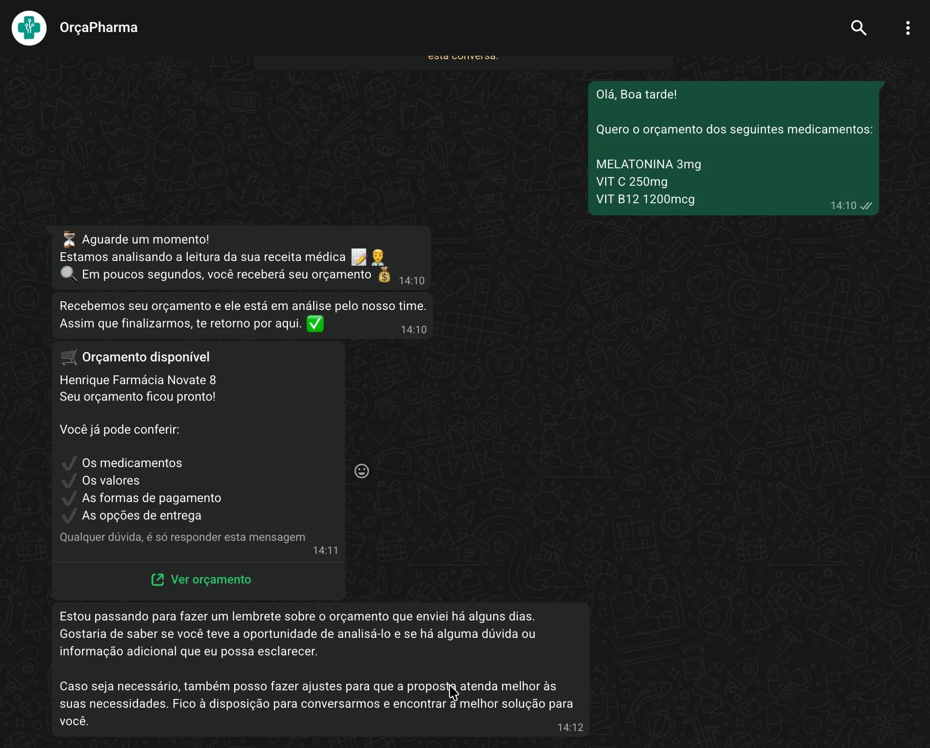 Agente de IA da OrçaPharma atendendo um cliente no WhatsApp