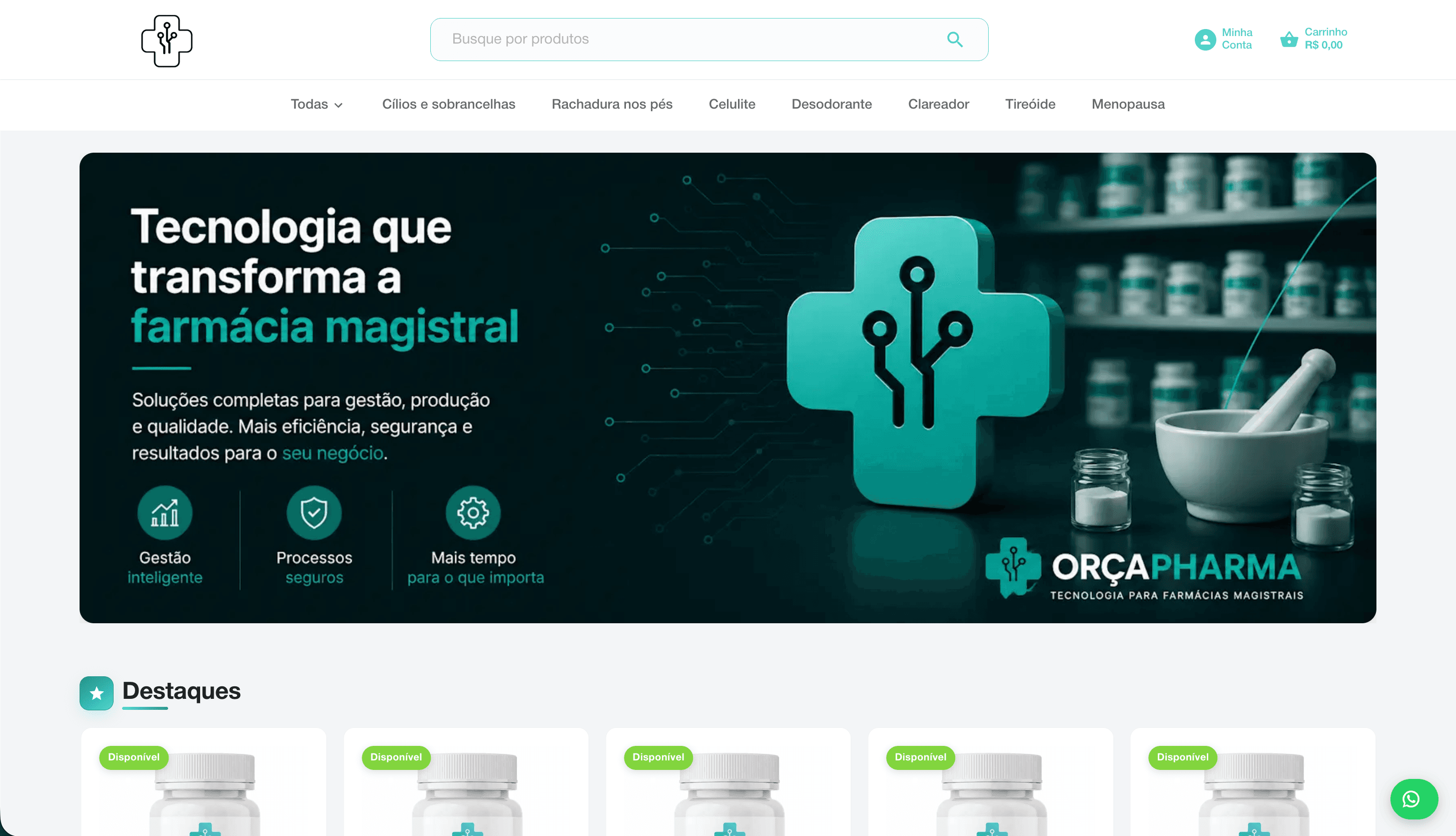 Drogaria Virtual OrçaPharma com busca, categorias e produtos em destaque
